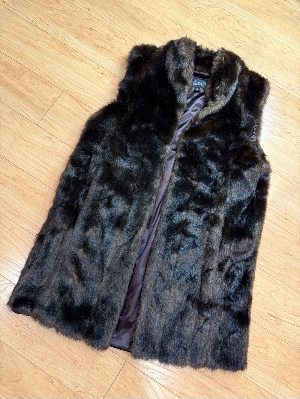 Donna Salyers Fabulous Furs Faux Mink Long Vest Womens M Brown Black Plush